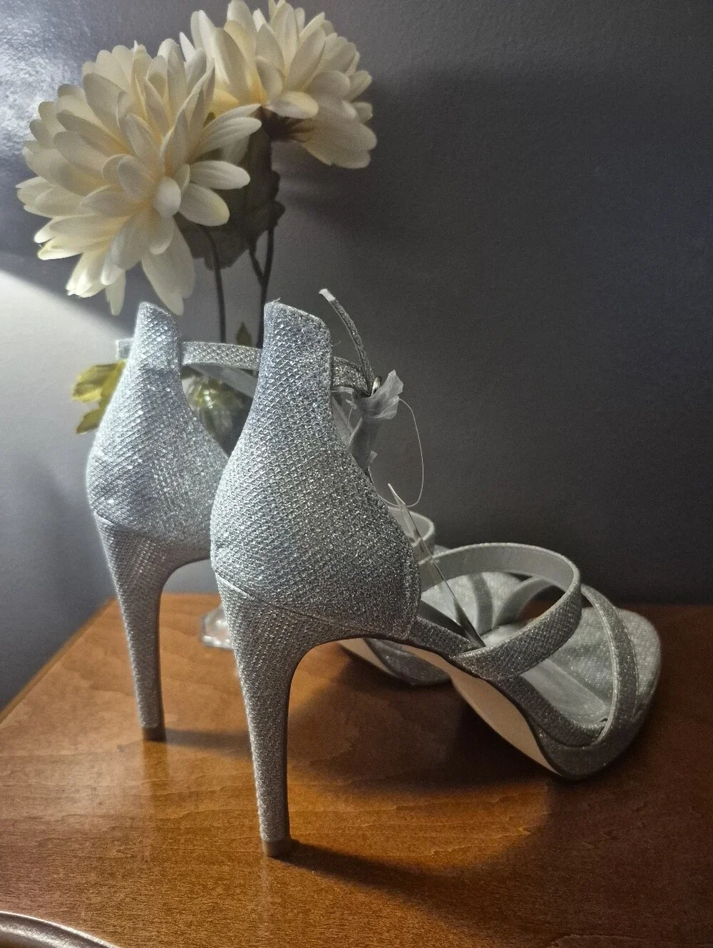 Silver Glitter Ankle-Strap Stiletto Heels